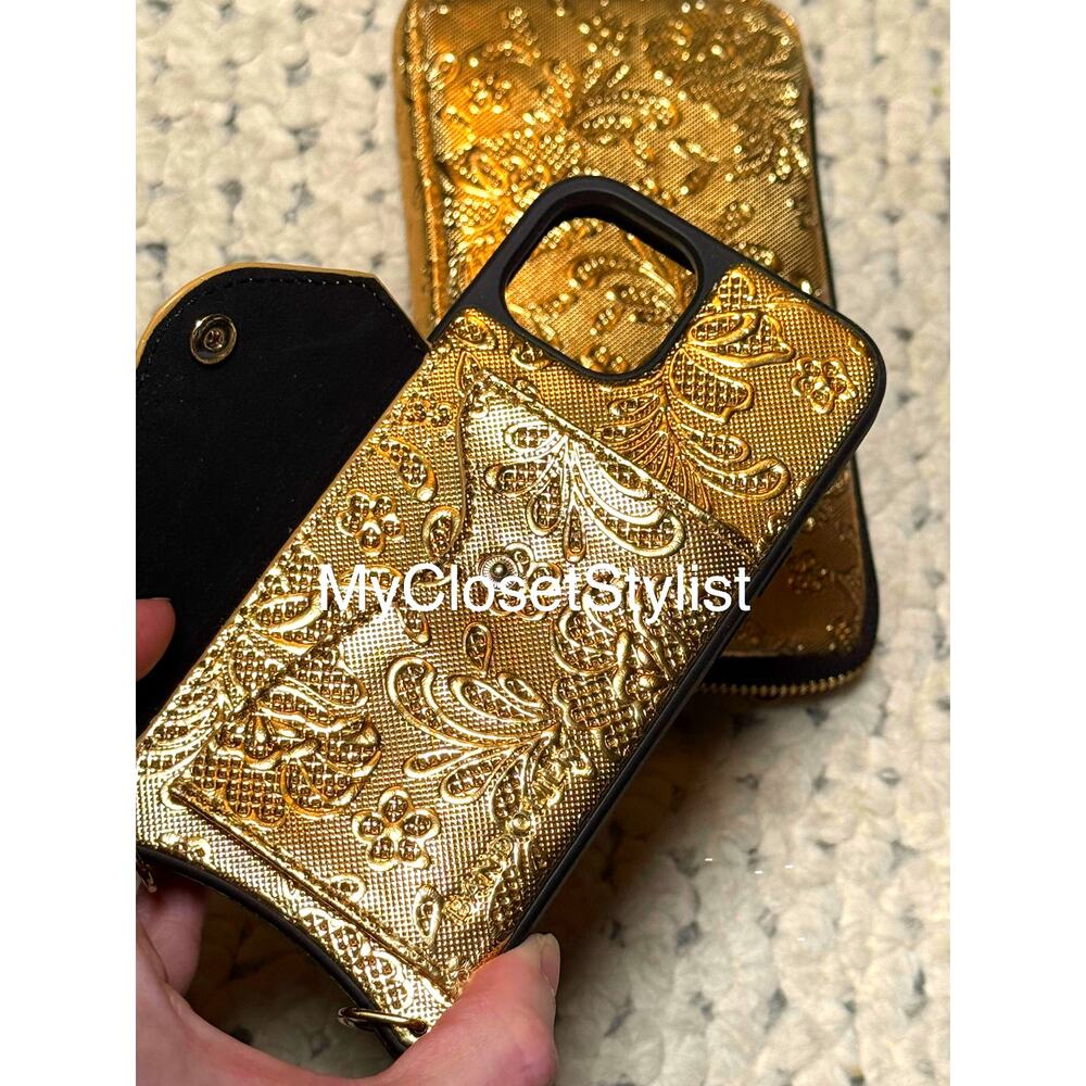 NEW! Gold Embossed Bandolier 2Pc Luxury Case iphone 13 Set Purse RARE LIMITED Ed - Picture 2 of 4